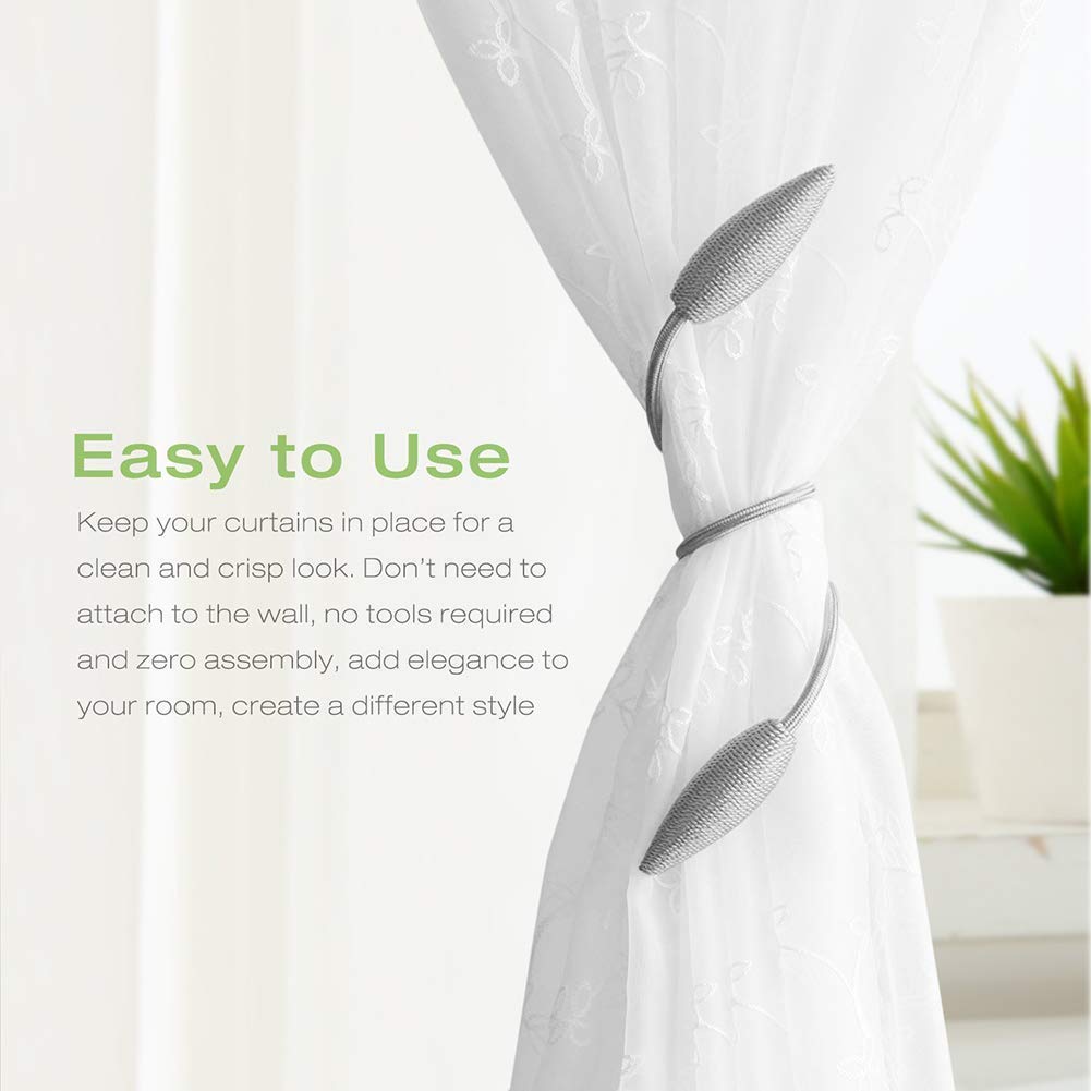 HASTHIP Curtain Tiebacks for Living Room and Bedroom with Strong Magnet 48cm Grey | Woven Polyester Design