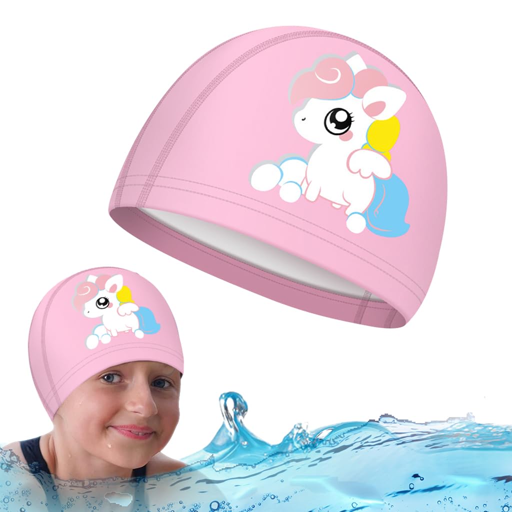 Proberos® PU Swim Cap for Kids, Cartoon Unicorn Swimming Cap for Girls Elastic PU Swim Cap, Swimming Cap for Child Aged 2-12 Years Old, Pink