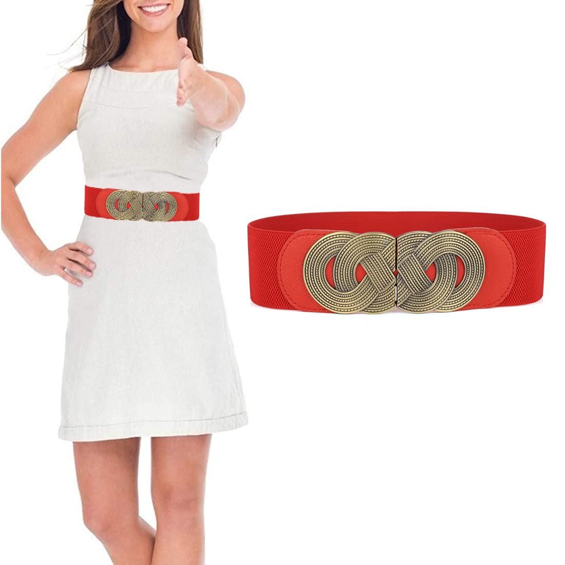 ZIBUYU® Waist Belts for Women, Girls Dresses Stylish Women Belts with Interlocking Buckle Modern Belt for Girls, Women Long Dress and Jeans Belts Stretchy Elastic Waist Belts for Girl, Women - Red