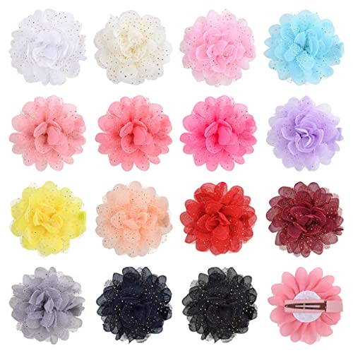 PALAY® 15pcs Hair Bows Clips for Girls Cute Chiffon Flower Hair Clips Kit Gold Sequins Hair Barrettes Hair Accessories for Baby Girls Infants Toddlers Teens