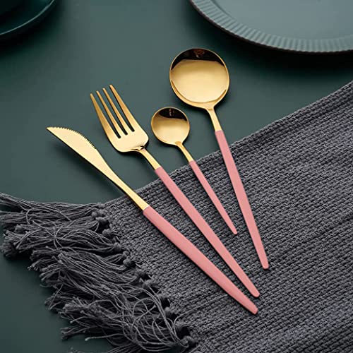 HASTHIP® 410 Stainless Steel Fork Spoon Coffee Spoon 4 Piece Set, Spoon Fork Outdoor Gift Set, Flatware with Gift Box Dinnerware Cutlery Set Tableware Set (Gold with Pink)