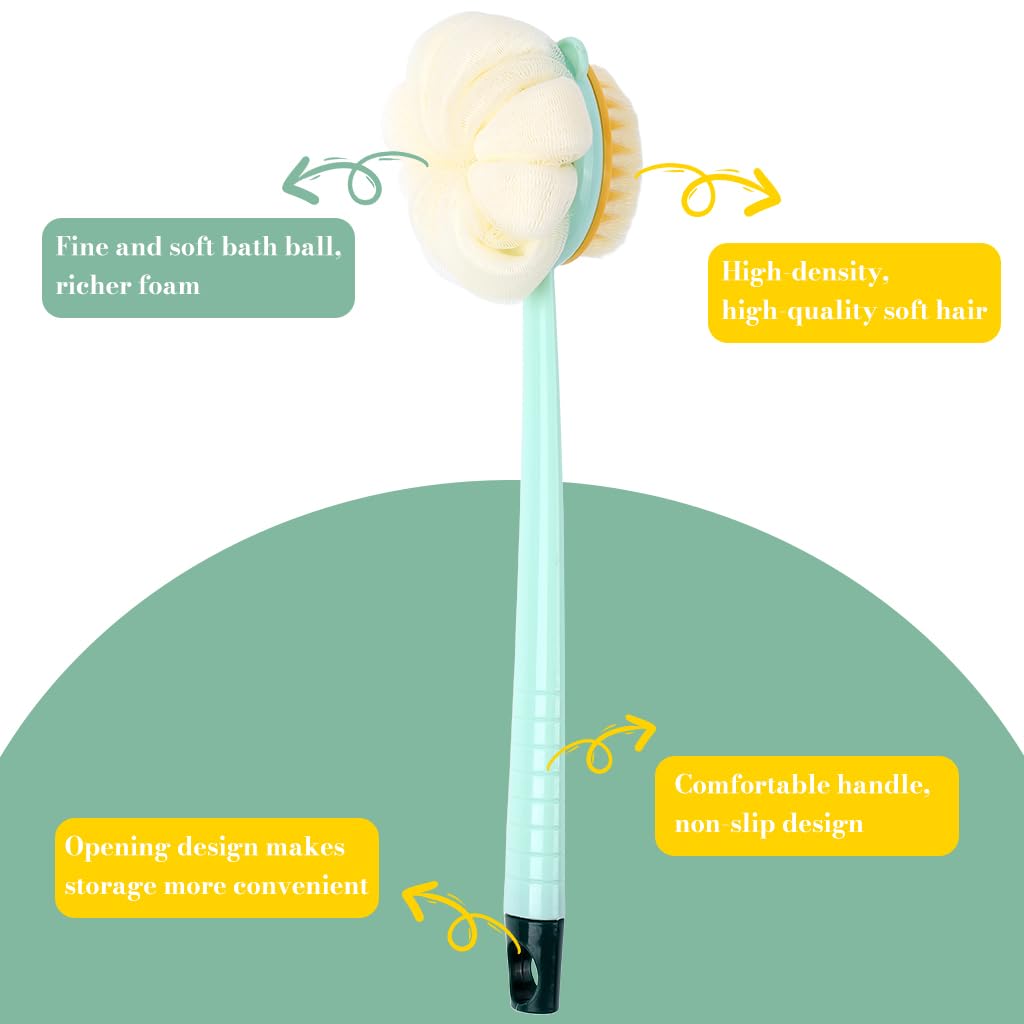 MAYCREATE Bath Back Scrub Brush with Dual Sided Puff and Textured Exfoliating Surface | Ergonomic Long Handle for Women and Men