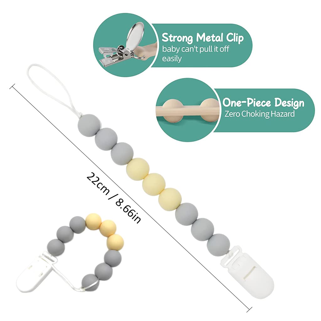 SNOWIE SOFT® 2Pcs Pacifier Chain with Pacifier Clips, Baby Teether Holder Belt Pacifier Clip for Baby Present, Teether Toy Pacifier Anti Lost Clip Teething Toy (Beige, Grey)