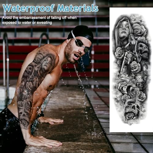MAYCREATE 6 Sheets Temporary Tattoo for Men Waterproof Forearm Tattoo for Men Women Large Temporary Tattoo Stickers for Arm, Legs Temporary Tattoos for Party, Club, Perform, Special Makeup