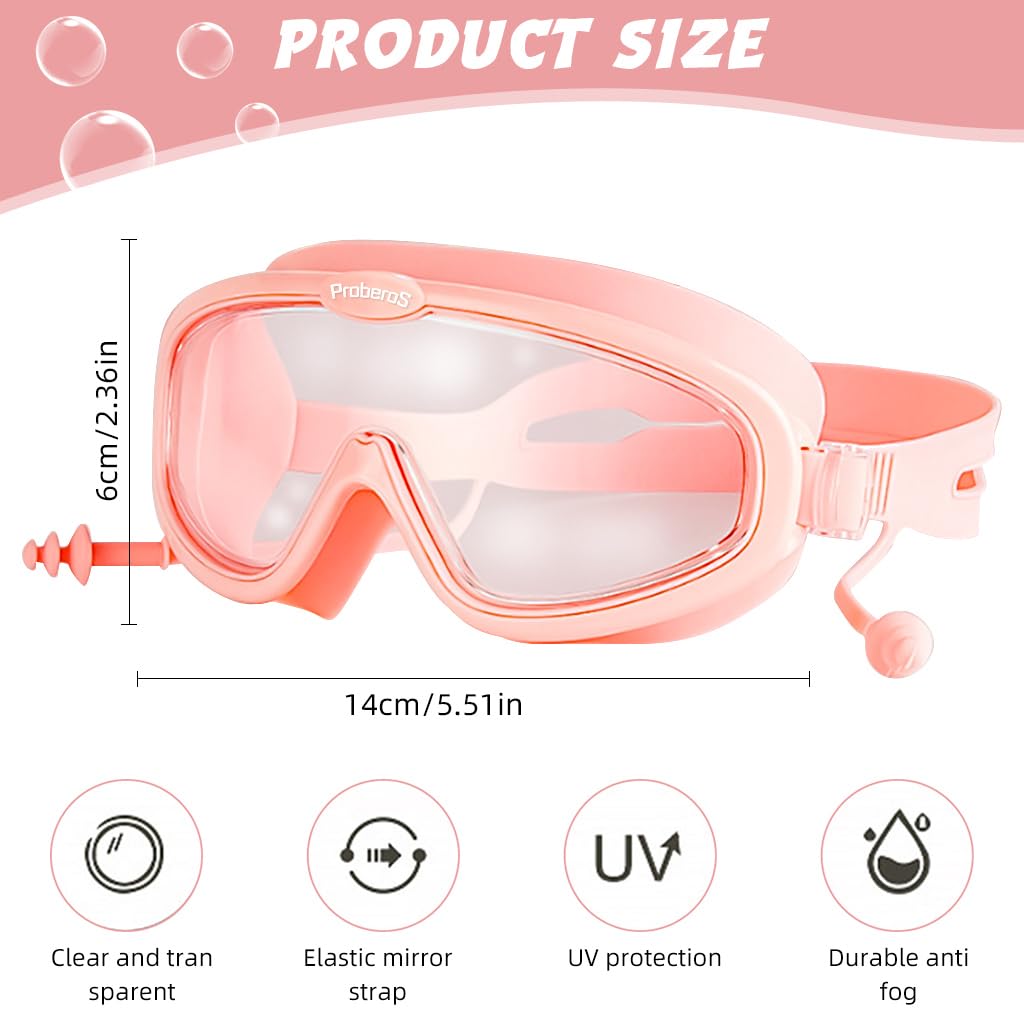 Proberos Swimming Goggles for Kids with Big Frame Leakproof Anti-Fog UV Protection | 2PCS Adjustable Strap for Boys and Girls Age 6–14