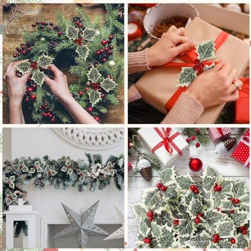 HASTHIP 30Pcs Christmas Holly Berries with Green Leaves Christmas Decorations Gold and Red Artificial Holly Berries Hanging Christmas Ornaments for Xmas Tree, Garland Wreath, Home Decor