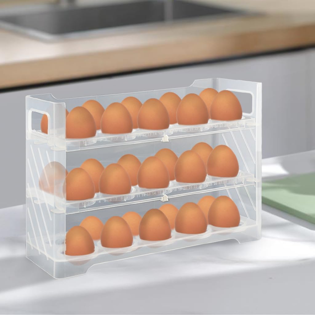 Supvox® 30 Grid Egg Tray for Refrigerator, 3-Layer Flip-Type Egg Storage Rack Anti-Collision Egg Storage Box, Versatile Large Capacity Egg Organizer Egg Holder Rack Kitchen Accessories (Transparent)