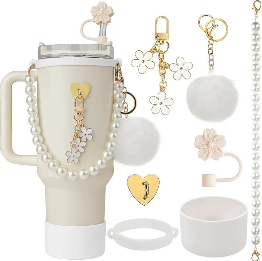 HASTHIP® For Stanley Cup Accessories & Charm Kit Set of 7Pcs Stanley Cup Accessories Sakura Silicone Straw Cap, White Pearl Chain Handle, Cup Bottom Sleeve, Fashion Stanley Cup Accessories