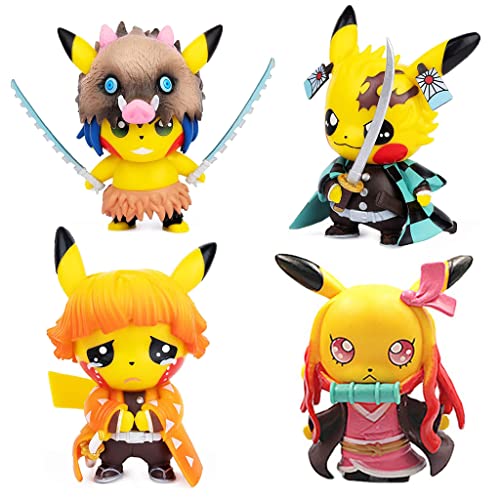 PATPAT® 4pcs Poke-mon Pi-kachu x Demon Slayer Action Figures Desk Decoration PVC Poke-mon Pi-kachu Figure Toy, 8-9cm, Christmast Gift Birthday Gift for Poke-mon Fans Kids Demon Slayer Lovers