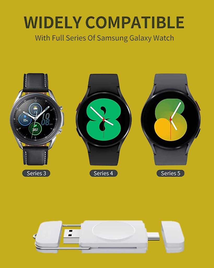 ZORBES Portable Watch Charger for Samsung Galaxy Watch with 2 in 1 USB A and USB C | Fast Wireless Charging Plug and Go White