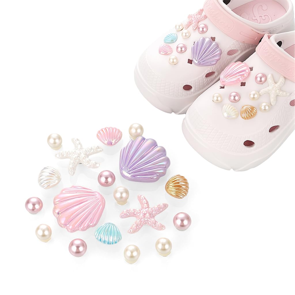 MAYCREATE Seashell Shoe Charm Set for Clogs with 17 Pieces featuring Glossing Resin Design