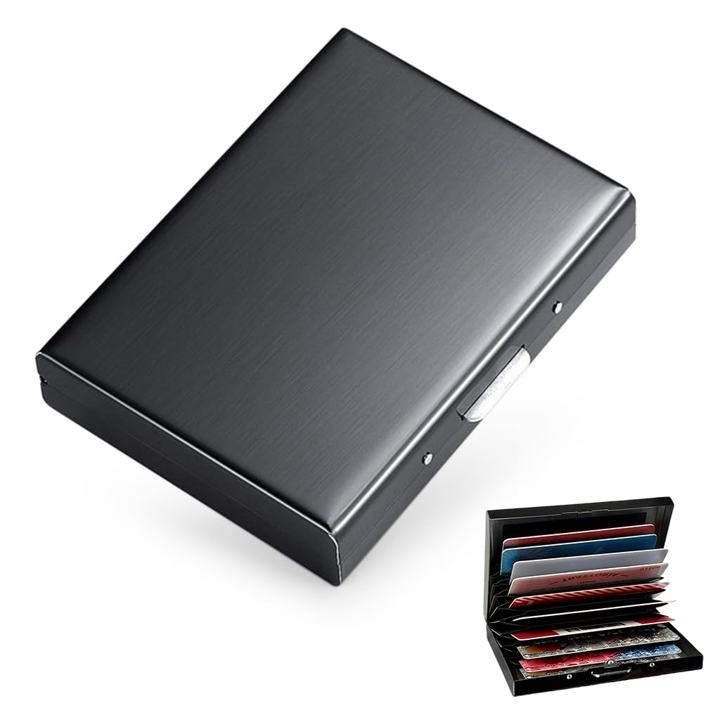 ZIBUYU Credit Card Holder for Men with 10 Card Slots and Secure Snap Lock | Stainless Steel RFID Blocking Organizer