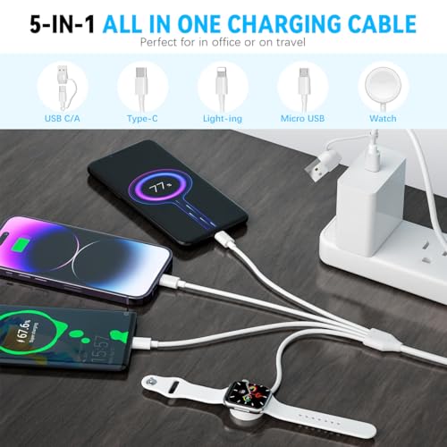 Verilux® 4 in 2 Multi Type C Cable Fast Charging 3.9FT 1.2M Watch Charger for Galaxy iWatch USB C Micro USB Lightning Type iPhone 16 15 14 S25 S24 S23 3PCS