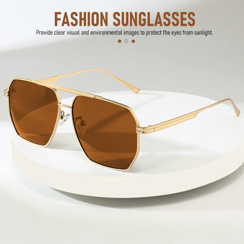 GUSTAVE® Stylish Polygon Polarized Sunglasses for Men Retro Oversized Metal Frame UV400 Polarized Sunglasses Vintage Brown Lens Sunglasses Metal Sun Glasses Sun Glare Glasses for Men