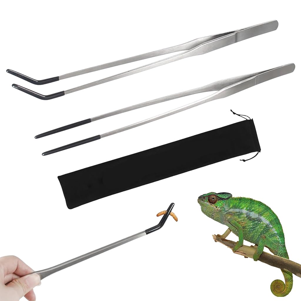 Qpets Feeding Tongs for Reptiles and Aquarium with 27cm Reach and Straight & Curved Tips | Stainless Steel with Rubber Sleeves