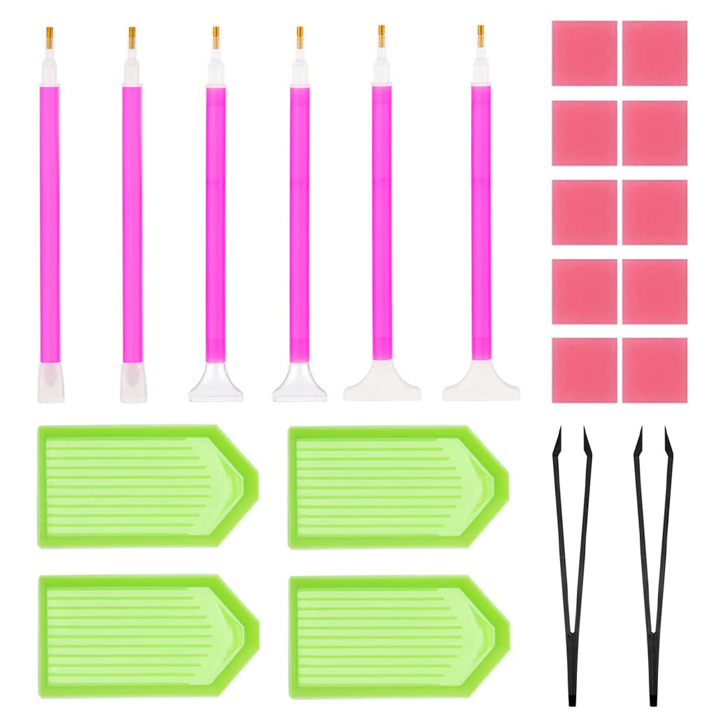 ZIBUYU Diamond Painting Kit Tool 5D Diamond Art Pen Kit with 6 Diamond Painting Pen, 2 Tweezer, 10 Glue Clays, 4 Diamond Tray, 5D Diamond Painting Tool Kits Accessories - 22 Pieces