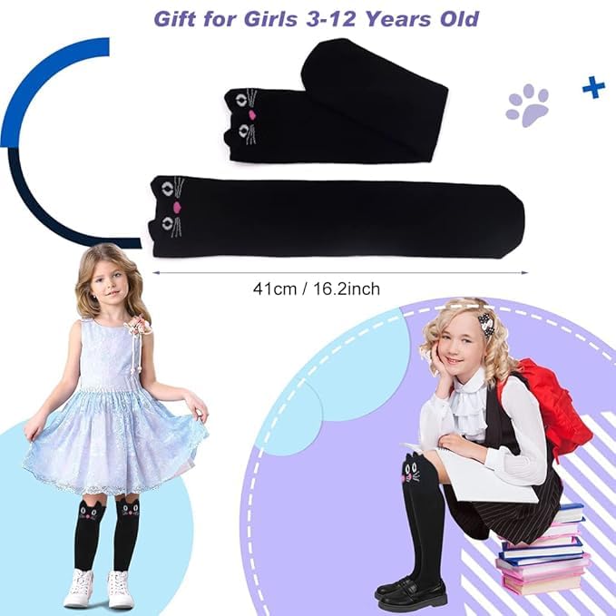 Zibuyu Cotton Long Socks for Girls with Anti Slip Elastic Edge and Cute Kitty Design | 40–42 cm Knee High Warm Winter Gift