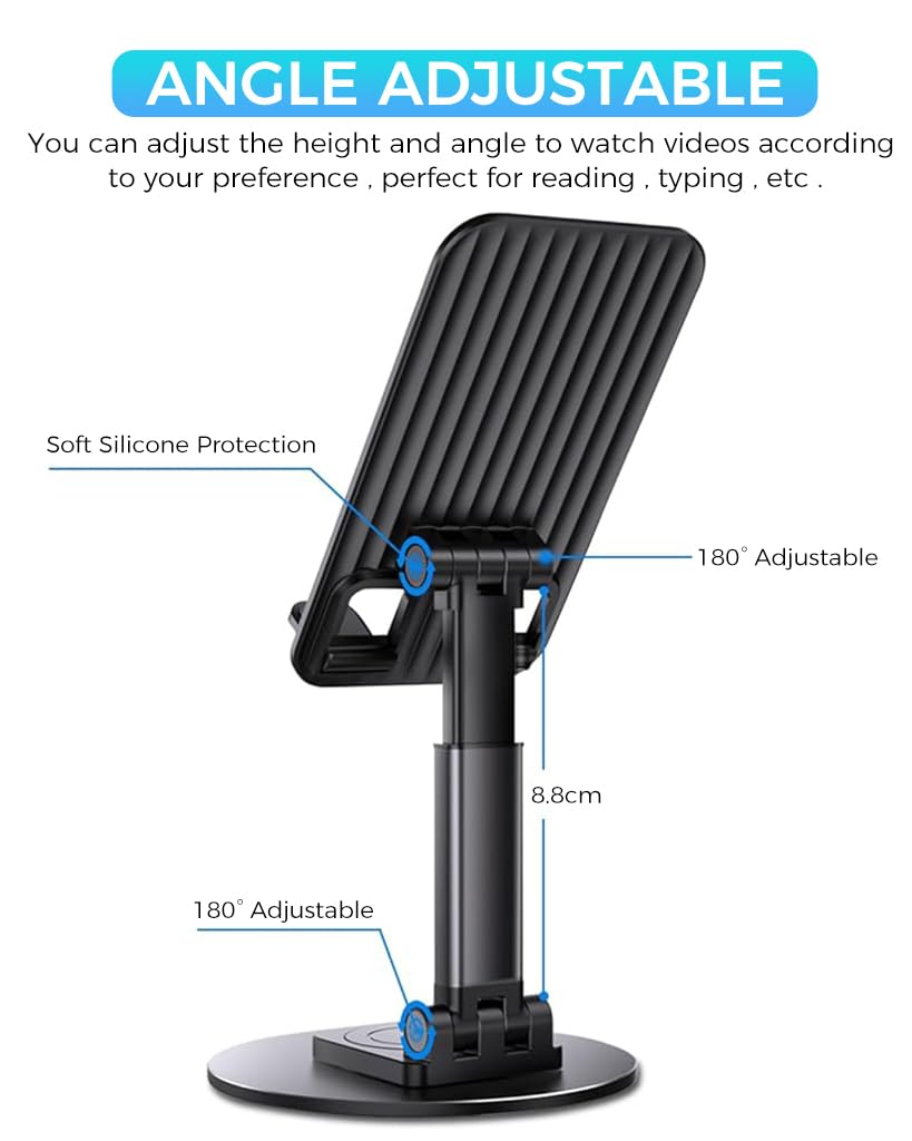 ZORBES Phone Stand Desk Metal Phone Holder 360° Rotatable Mobile Phone Stand, Adjustable Tilting Mobile Stand, Anti-Slip Metal Phone Stand for iPhone 15/14/ 13, Samsung, More