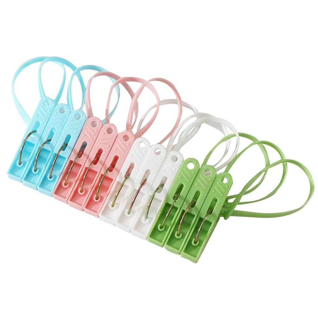 HASTHIP® 12Pcs Windproof Clothespins Plastic Clothespins with Fastening Loop for Clothesline Outdoor Clothes Drying Clothespins Multi Color Clothespins for Baby Clothes, Light Fabric, Bed Sheet