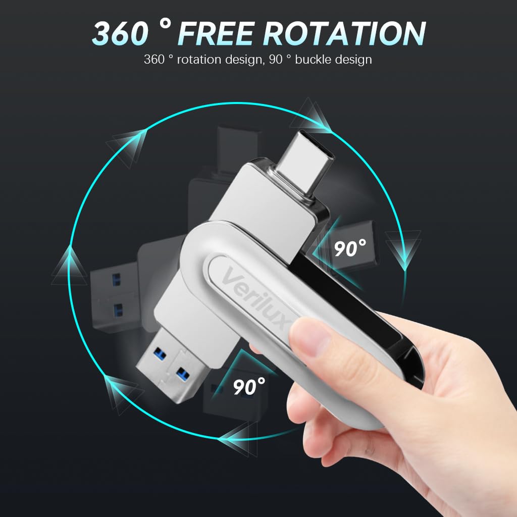 Verilux Pendrive 256GB for iPhone and Android with USB C & A featuring 360° Rotation Design