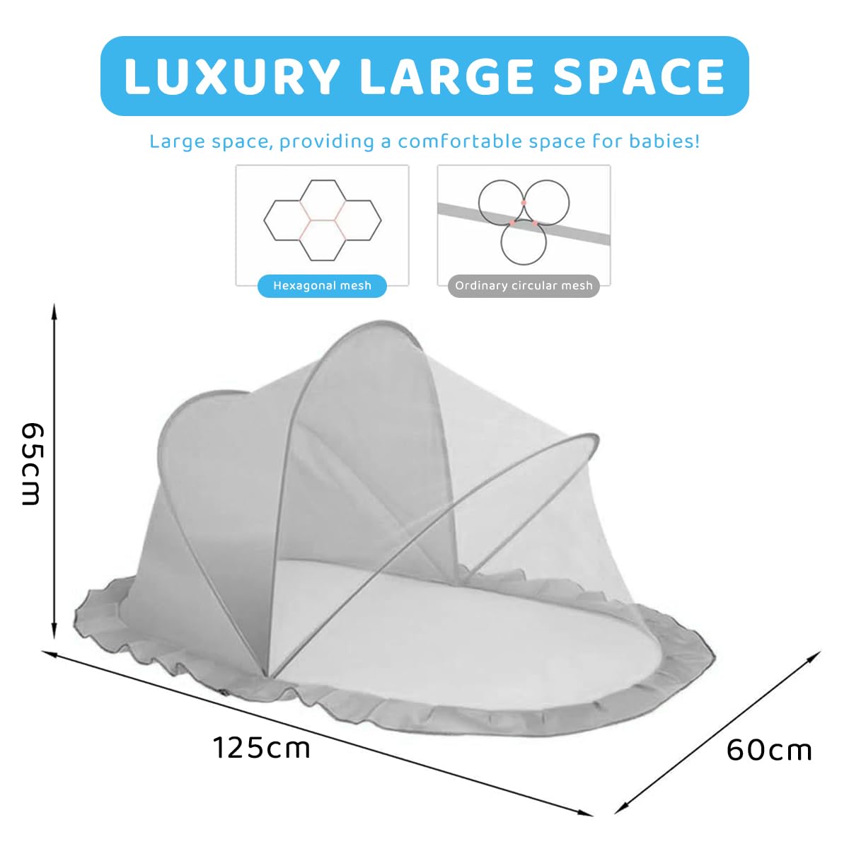 SNOWIE SOFT Foldable Mosquito Net for Babies with Arching Top 125x65x60cm in Grey | Travel Ready Crib Canopy