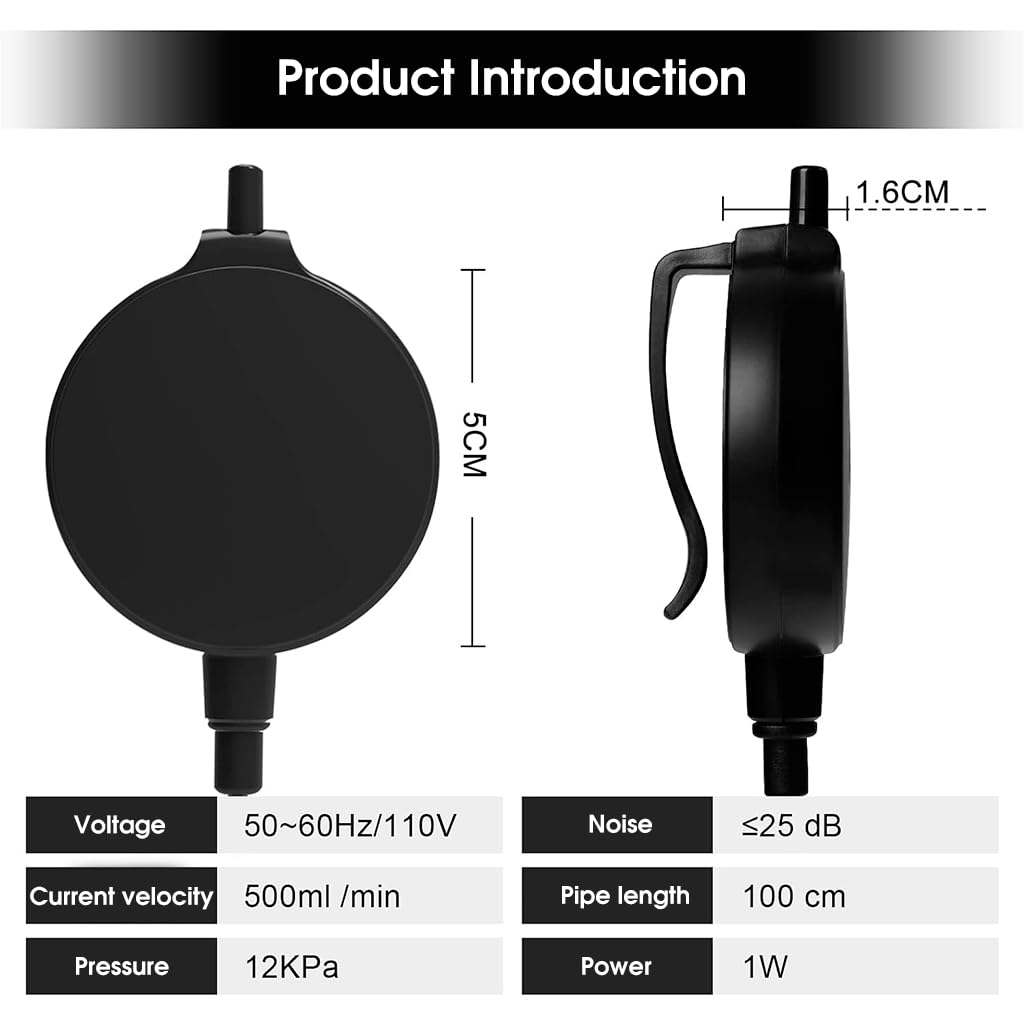 Qpets aquarium air pump for fish tank with 0.5L/min flow & ultra quiet motor | suction cup and clip installation
