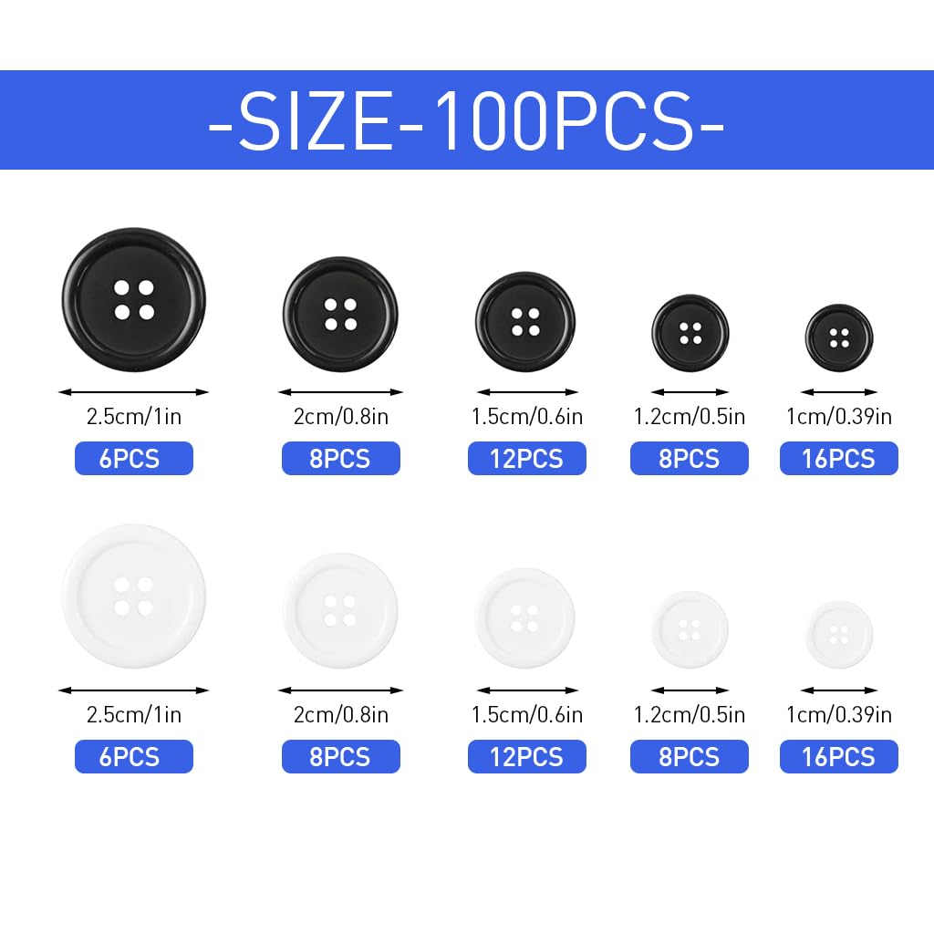 HASTHIP Sewing Buttons for Clothing and DIY Crafts featuring 100 pcs 0.39–1 in Resin | Black and White Round Design