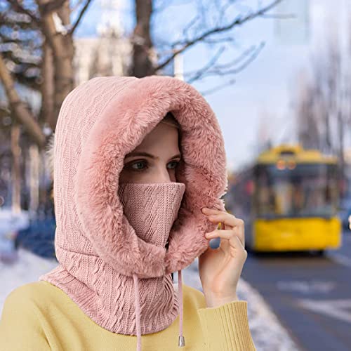 PALAY® Winter Caps for Women Girls One-piece Knit Thick Warm Winter Hat with Neck Hood Scarf & Windproof Mask, Fashion Snow Proof Fleece Lined Winter Hat for Outdoor, Riding, etc (Pink)