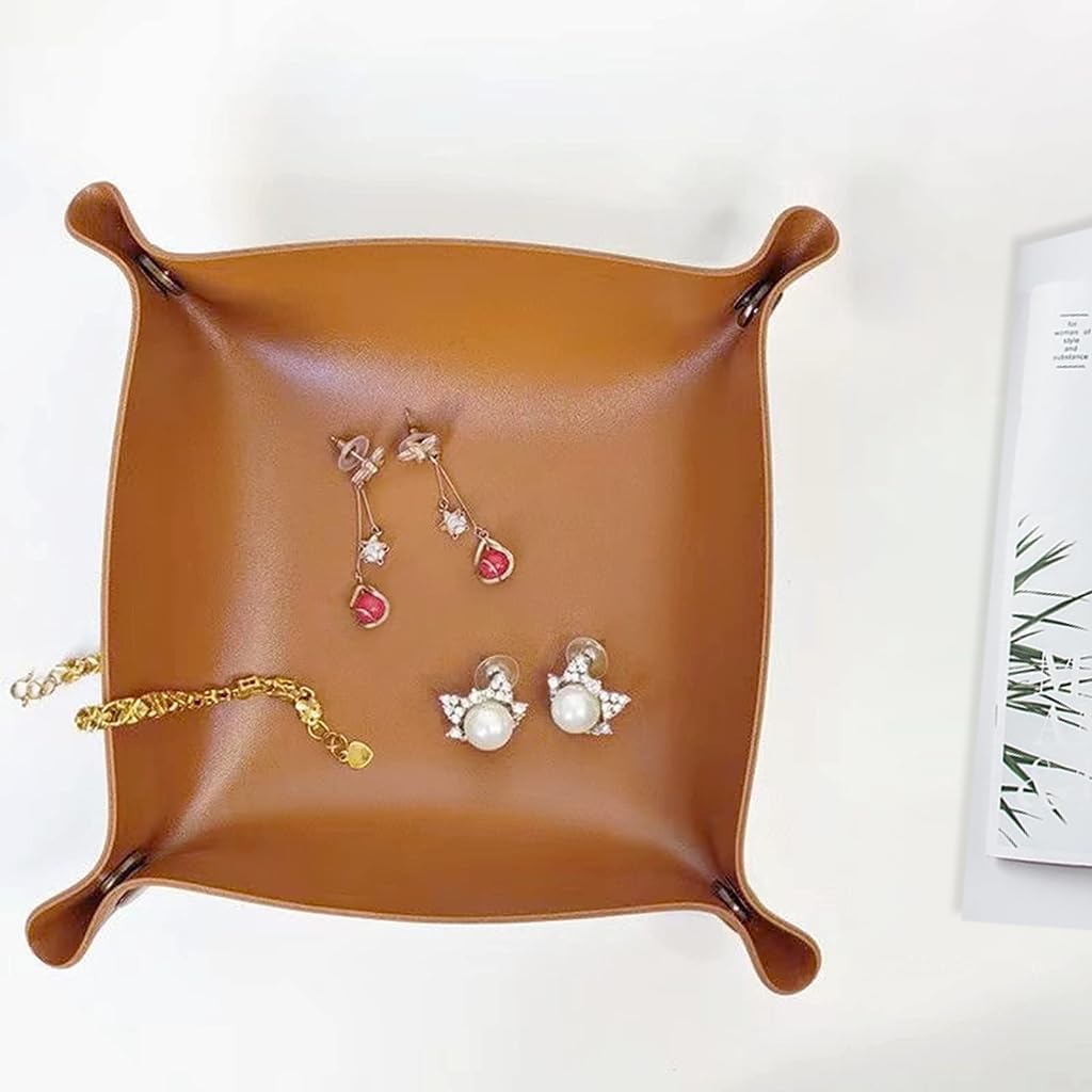 MAYCREATE Leather Valet Tray Organizer for Home and Office featuring Snap Button Corners | 3Pcs 9.8 in Brown PVC Leather Catchall