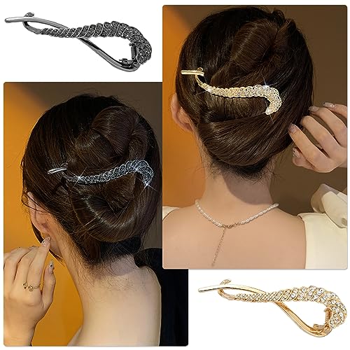 PALAY® 6PCS Hair Bun Accessories for Women Metal Rhinestone Maker French Style Clips Stylish Medium Thick Black Gold Set