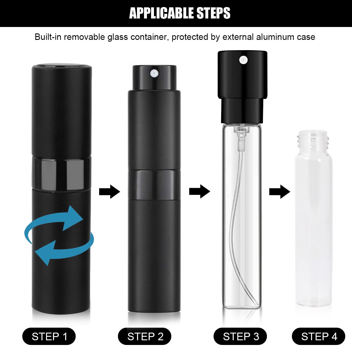 HASTHIP Perfume Atomiser Dispenser for Travel with 8ml Glass Container and Fine Mist Spray | Black Refillable Bottle