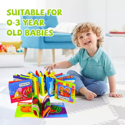 SNOWIE SOFT® 12PCS Cloth Books for Babies 0 to 3 Year Theme Toy Sensory Book 6-12 Month Non-Toxic Early Education Touch and Feel Crinkle Toys Toddler