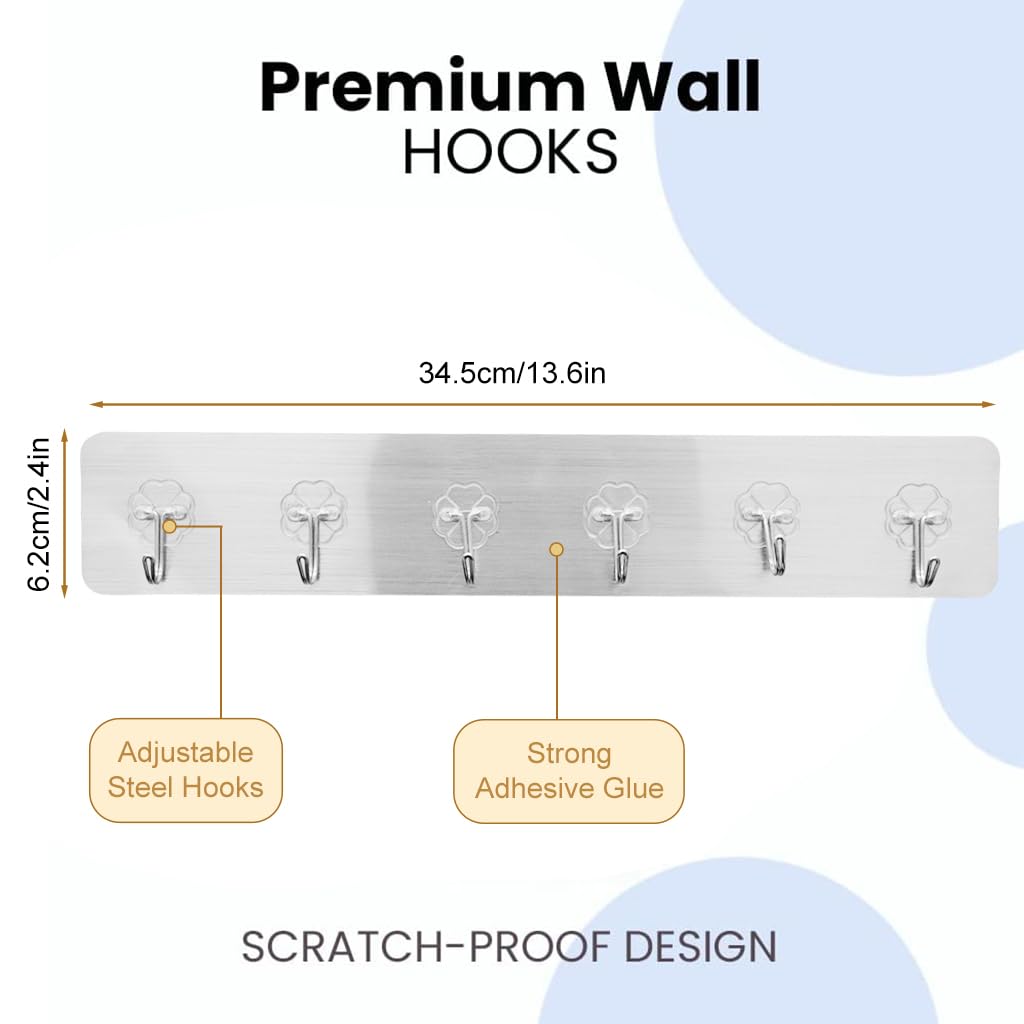 Zibuyu Wall Hook for Kitchen Bathroom and Wardrobe with 6 in 1 Self Adhesive Clear PVC Rack
