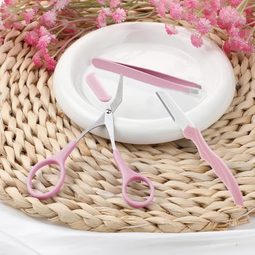 MAYCREATE 3Pcs Eye Brow Scissor Eyebrow Removal Tweezer Eyebrow Trimmer Razor Facial Hair Shaper Eyebrow Trimming Make Up Tool with PU Leather Case Shave and Hair Removal, Pink