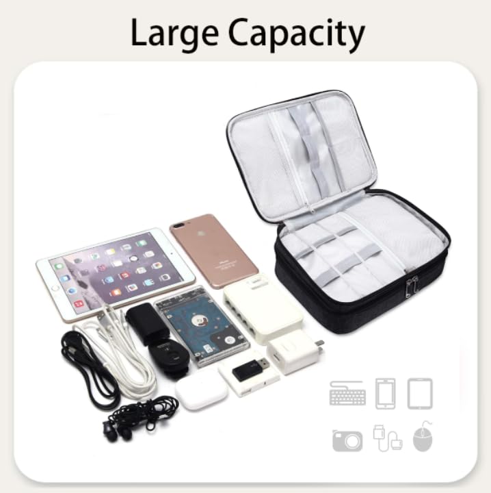 Zibuyu Electronics Organizer Bag for Travel with 3 Layer Storage and Adjustable Dividers | Black