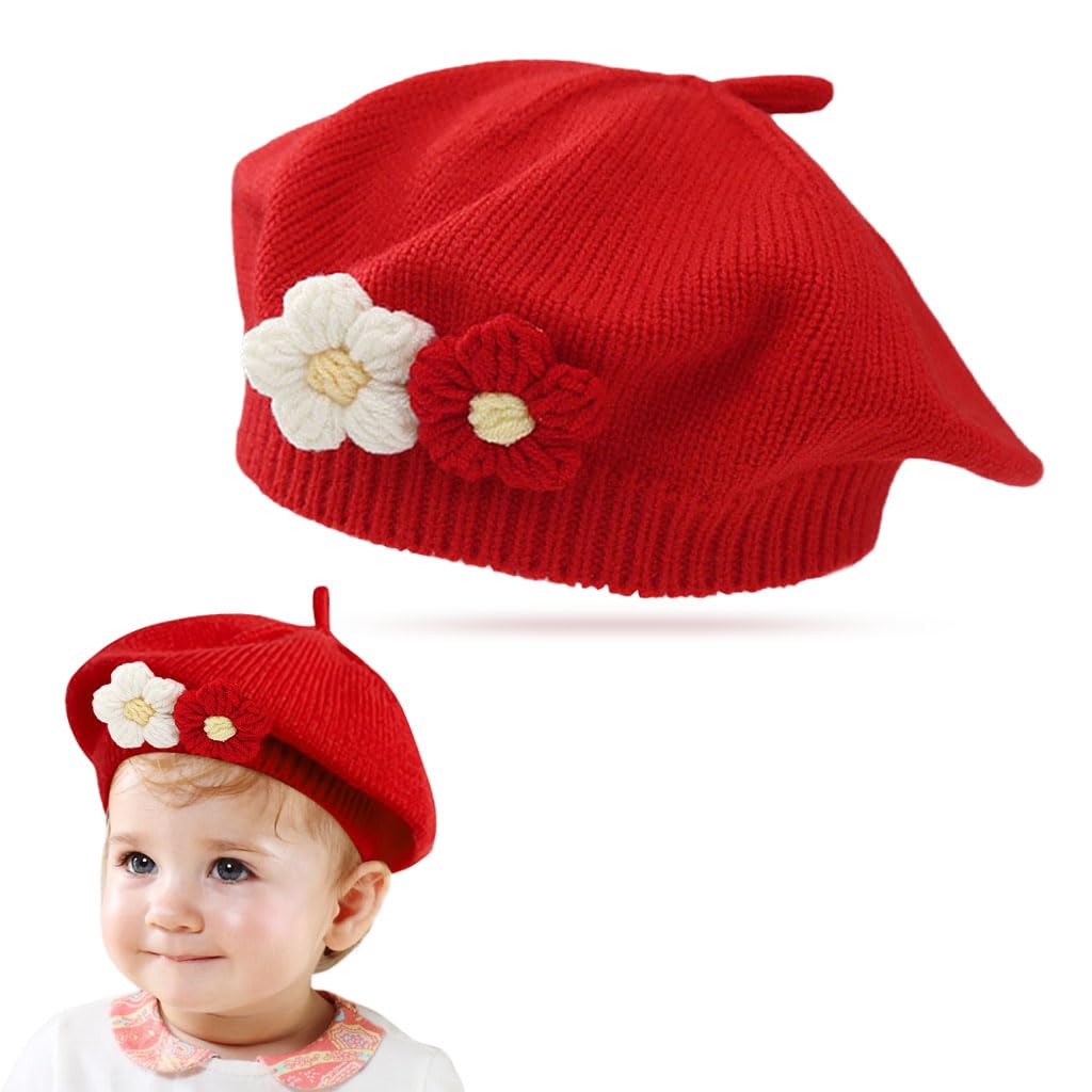 SNOWIE SOFT® Girls Winter Hat Little Red Beret Hat Knitting Flower Winter Hat for Little Girls Winter Soft Warm Winter Hat Cute Girls Baby Girls Hat Christmas Gift for 6-30 Months Baby Girls