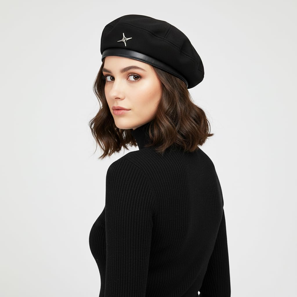 SANNIDHI Beret Cap for Women featuring Silver Star Accent and Soft Black Wool Felt | Stylish Winter Retro Hat
