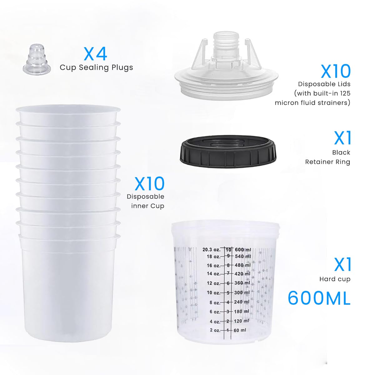 Serplex® 600ml Disposable Paint Cup for Automotive Paint Spray Gun, HVLP Paint Spray Paint Gun, 10Pcs Standard Size Paint Cup with 10 Cup Liners, 10 Lids with Strainer, 1 Hard Cup