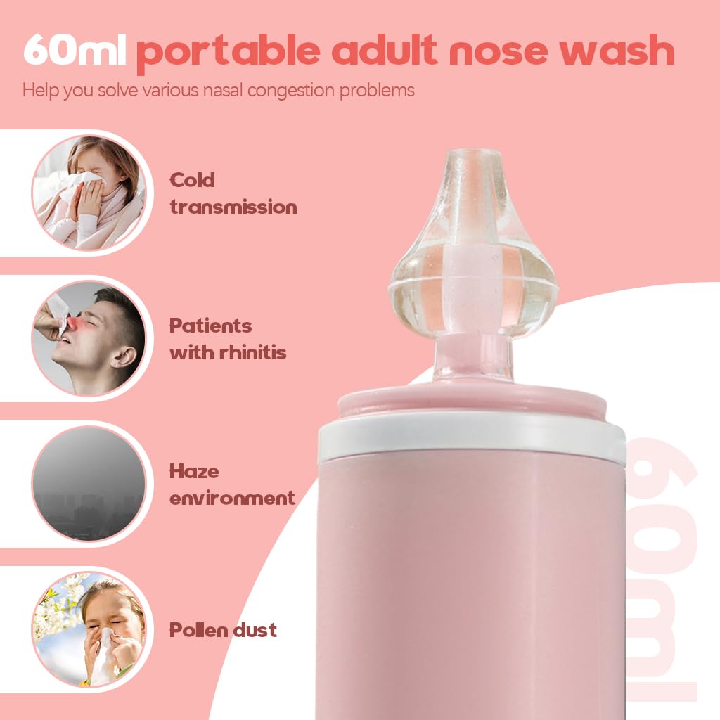 HANNEA Nasal Wash for Sinus Rinse featuring Soft Silicone Nozzle | 60ml 3PCS Pink Set