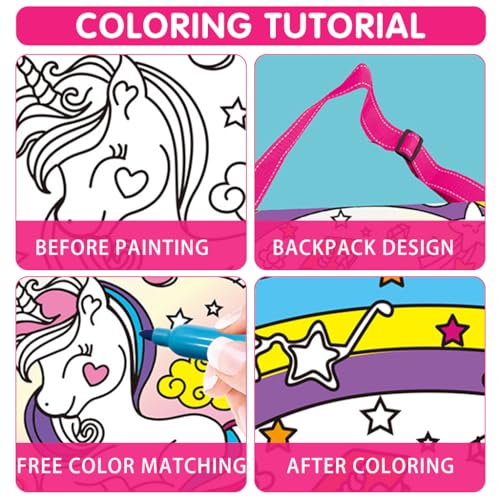 PATPAT® DIY Unicorn Crossbody Bag Kit Coloring Unicorn Print Bag Kit with 5 Color Pens Paint Your Own Doodle Unicorn DIY Messenger Bag with Adjustable Strap Gift for Girls Ages 6-9