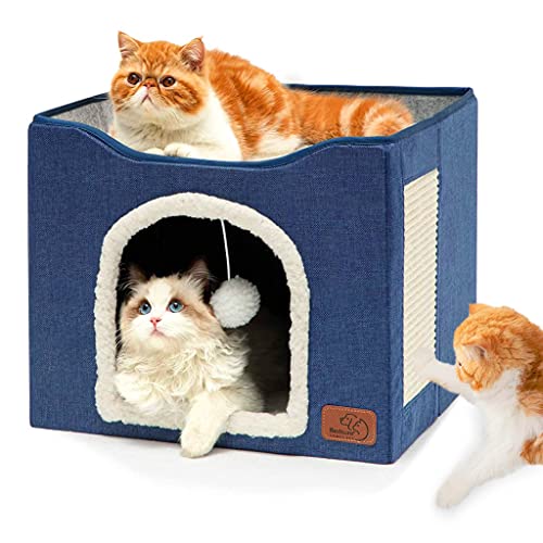 Qpets® Cat Beds for Cats Large Cat House Cat Cave for Pet Cat House with Fluffy Ball Hanging Toy and Scratch Pad, Foldable Cat House Cat Hidewawy, Blue, 16.5x16.5x14 inches