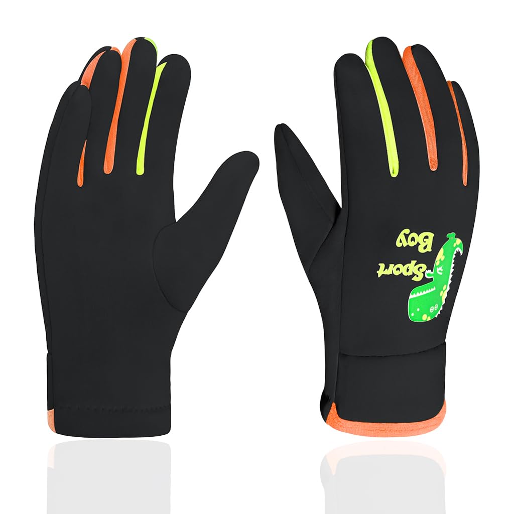 PROBEROS Child Winter Riding Gloves for Outdoor Sports with Reflective Dino Pattern | Windproof Splashproof Coral Fleece Thermal Liner