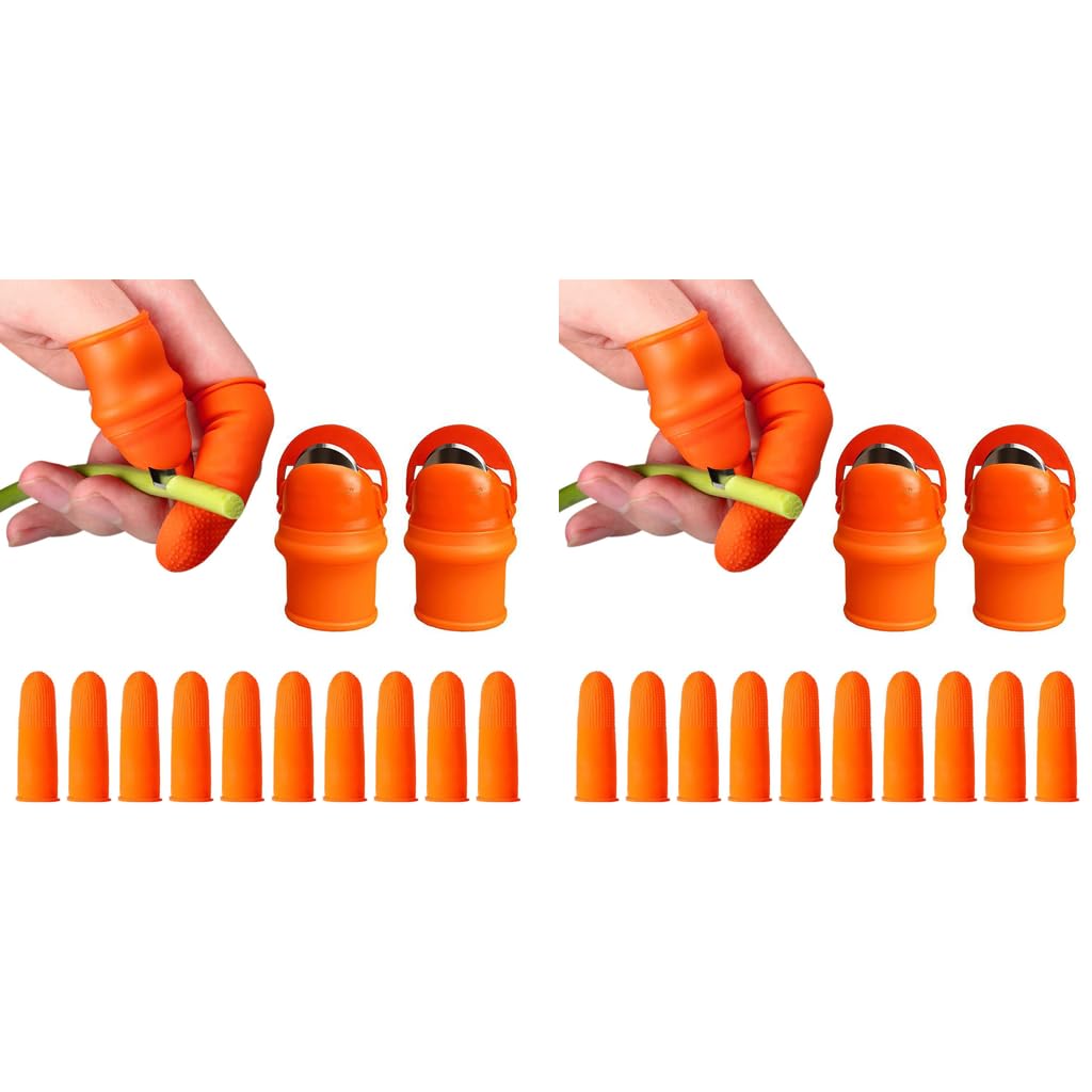 HASTHIP® 24PCS Stainless Steel Thumb Cutter Gardening Mini Branch Multi Purpose with 10PCS Silicone Finger Protector for Harvesting Plants Picking Trimming