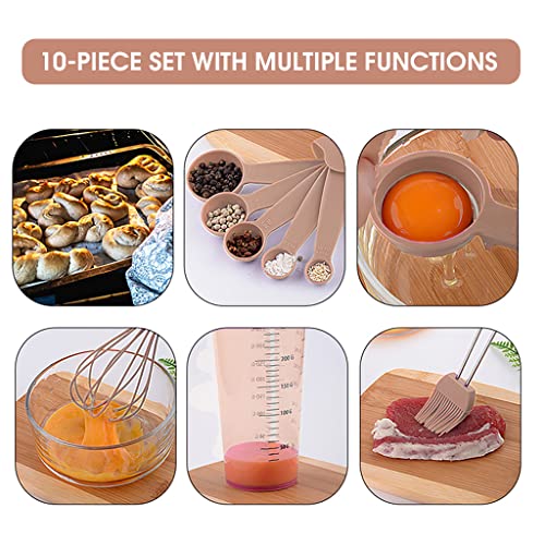 HASTHIP® 10Pcs Measuring Spoons Cups Silicone Kitchen Utensils Spoon Set, Include Egg Strainer, Oil Brush, Scraper, Egg Beater, Silicone Cooking & Baking Tool, BPA-Free, Dishwasher Safe (Brown)