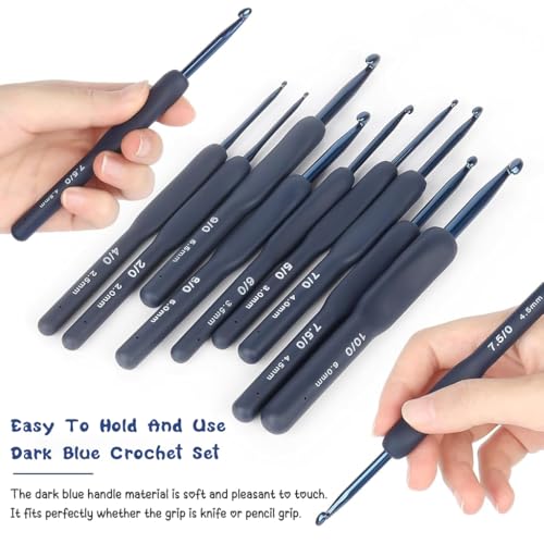ZIBUYU® Crochet Set 27PCS Aluminum Flower Embroidery Kit for Beginners 2.0mm-6mm TPR Rubberized Handle DIY Tailoring Accessories Projects Dark Blue