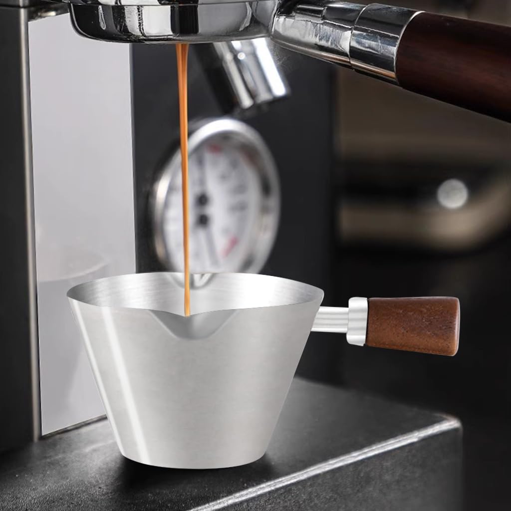 Supvox Espresso Coffee Cup 90ml for Brewing and Measuring with Dual-way V-nozzle | Brushed Stainless Steel and Wooden Handle