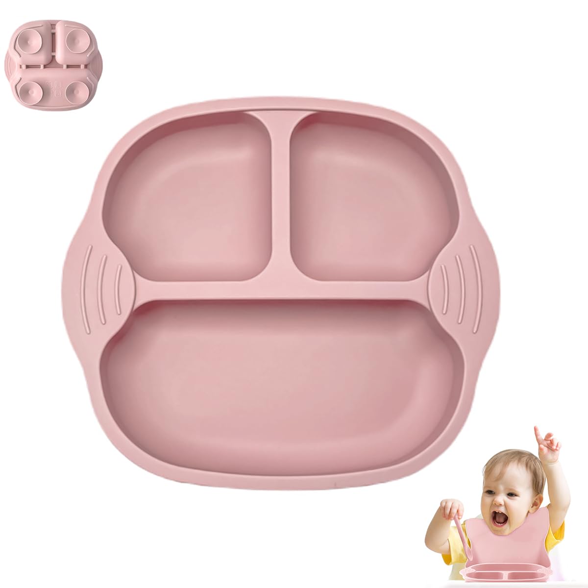 SNOWIE SOFT Baby Food Plate with 4 Strong Suction Cups and BPA Free Silicone | Pink Feeding Set
