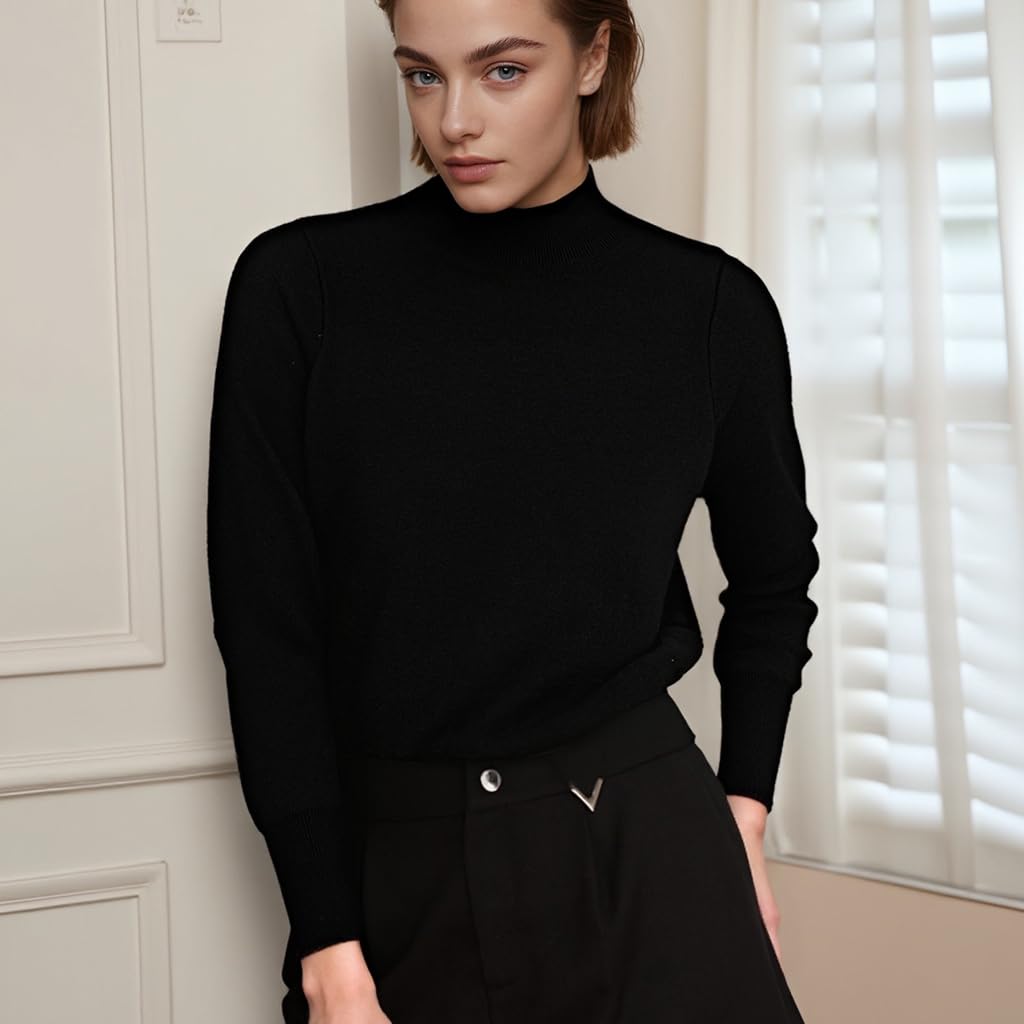 SANNIDHI Women's Cashmere Sweater for Fall Winter featuring Mock Neck and Slim Fit | Black Pullover