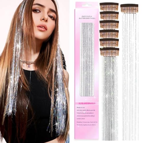 MAYCREATE® 6pcs Hair Tinsel Hair Extensions for Women Girls Glitter Clip-in Fairy Hair Tinsels Sparkling Tinsel for Party Festival Cosplay - 20inch, Silver