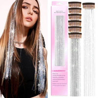 MAYCREATE® 6pcs Hair Tinsel Hair Extensions for Women Girls Glitter Clip-in Fairy Hair Tinsels Sparkling Tinsel for Party Festival Cosplay - 20inch, Silver